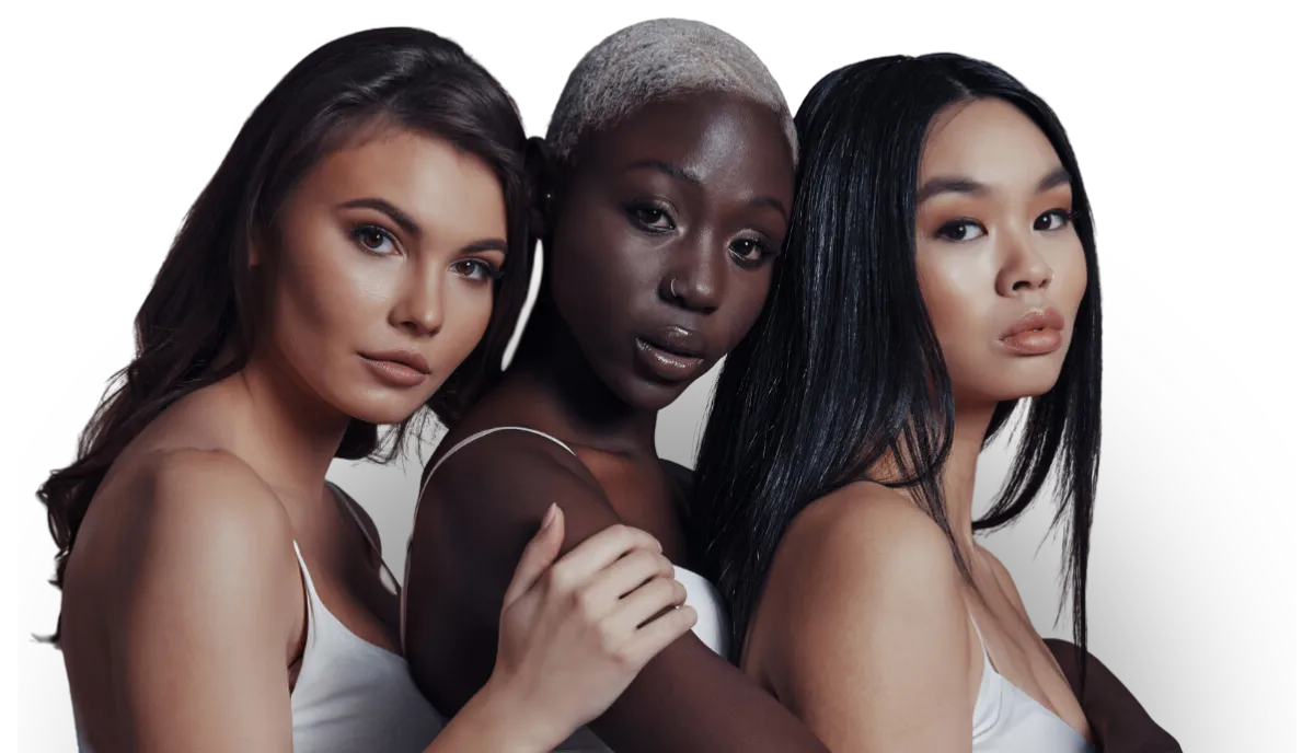 Diverse group of models wearing white tank tops posing.